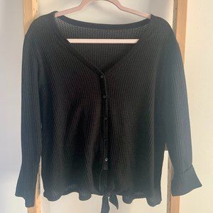 Black Long Sleeve Button-Down With Tie at Bottom